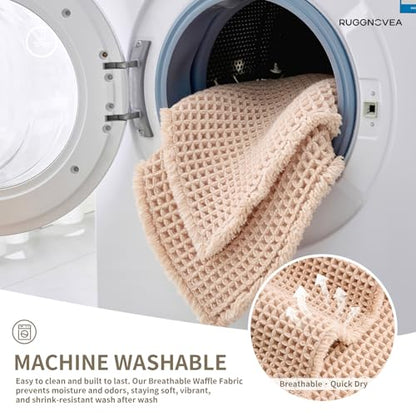 Waffle Bath Mat with Tassels 32x20 Non Slip Absorbent, Beige - color: Beige, size: 32" X 20" (Bathroom Rug)