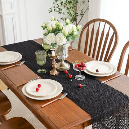 Simple&Opulence Boho Macrame 100% Cotton Table Runner - 12 x 72 Inch, Woven Farmhouse Table Runner with Tassels for Bohemian Rustic Wedding, Bridal Shower, Dinner （Black） - size: 12"x72", style: Cotton / Black