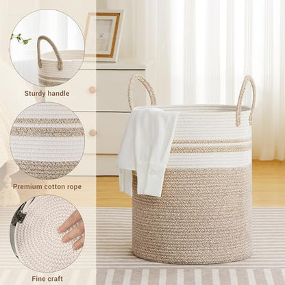 53L Tall Cotton Rope Laundry Basket with Handles, White & Brown - color: Brown & White, size: 53L