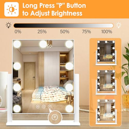 Dirket Vanity Mirror with Lights, Hollywood Lighted Makeup Mirror with 3 Color Lighting Modes and 9 Dimmable Bulbs, Detachable 5X Magnification, Smart Touch Control, 360°Rotation, White - color: 9 Bulbs