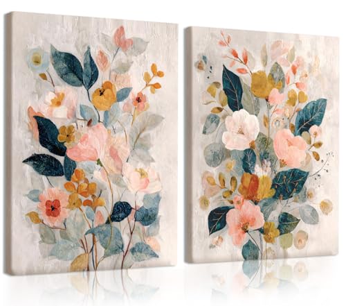 RUMSICH 2 Pcs Watercolor Floral Canvas Wall Art 16x24 Inch Framing - color: pink flowers, size: 24"L x 16"W