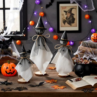 AceOrbit Halloween Decorations Indoor Ghost Set of 3 Sizes Primitive Ghost Wooden Stand Rustic with Witch Hat Spider Fabric Figure Shelf Sitters Table Centerpieces Tiered Tray Halloween Party Supply