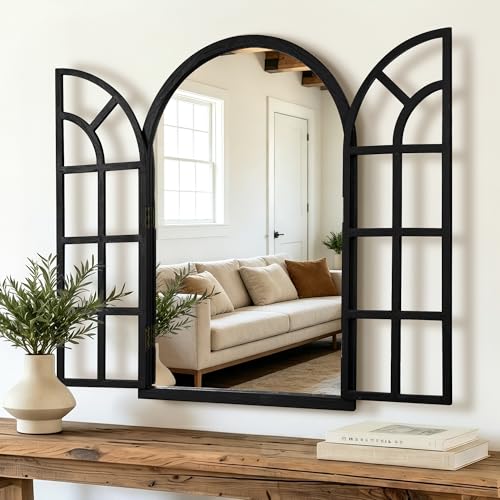 Arched Wood Mirror for Wall, 24" x 36" Rustic Farmhouse Mirror, Black - size: 36"L x 24"W