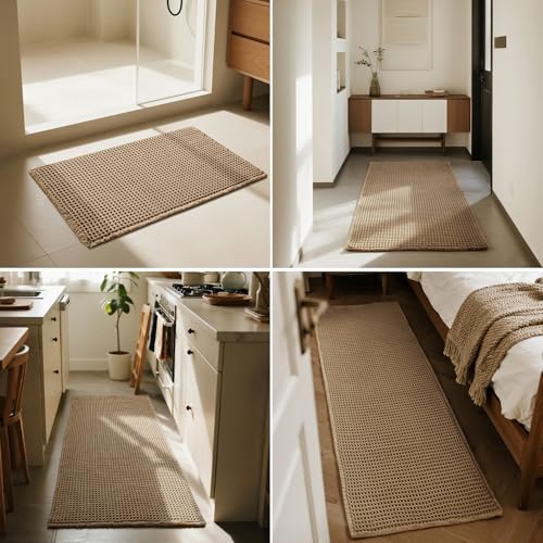 Triohero Waffle Runner Rug Bathroom, Long Boho Bath Mat, 24x72 Khaki - color: Khaki, size: 2' X 6' (Runner)