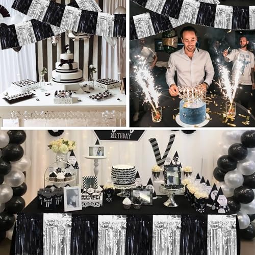 BEISHIDA Black Silver Fringe Garland Banner 30ft Wall Tinsel Foil Streamers - color: Black Silver