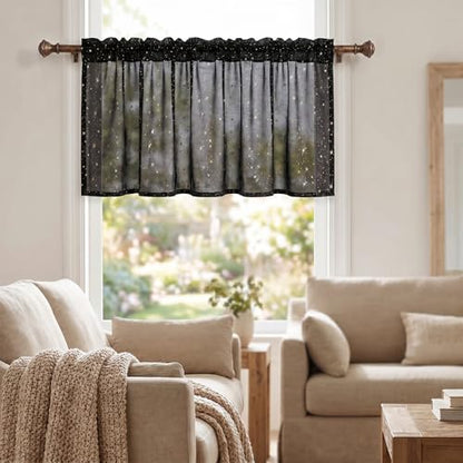 Horaldaily 2Pcs Black Sheer Valance 52x14in, Gold Sequin Star, Halloween - color: Black and Gold, size: 52"W x 14"L (Pack of 2)