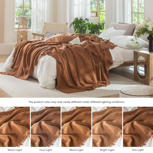 MooMee 100% Cotton Muslin Blanket, Fringed 4-Layer Gauze Bed Throw Blankets - color: Drak Orange, size: Oversize Queen