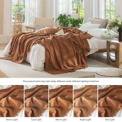 MooMee 100% Cotton Muslin Blanket, Fringed 4-Layer Gauze Bed Throw Blankets - color: Drak Orange, size: Oversize Queen