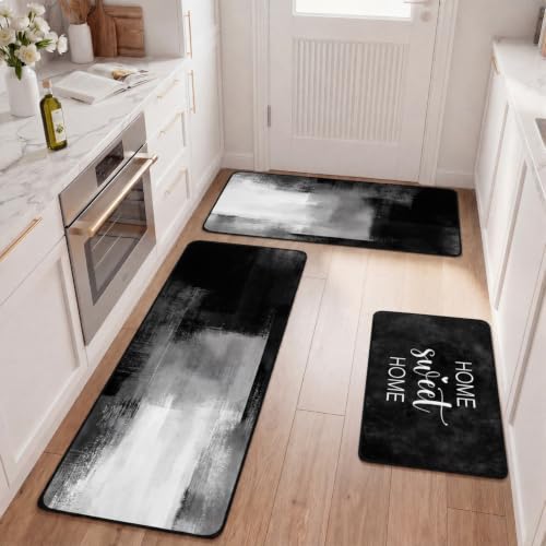 Fourluoo 3 Pcs Farmhouse Black Kitchen Rugs and Mats Set - color: Modern Black