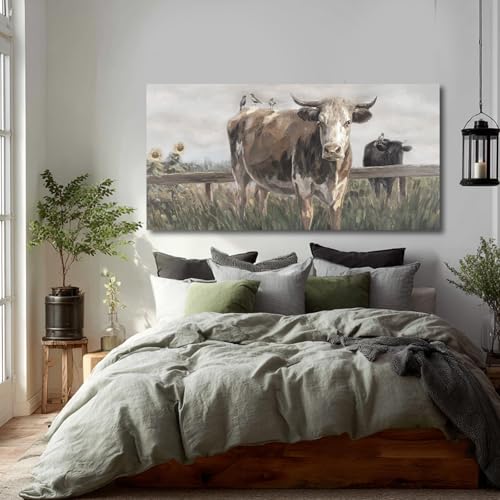 ZENPEE Black and Brown Cow Canvas Wall Art Painting – Rustic Farmhouse Vintage Animal Decor for Living Room & Bedroom, 24 x 48 Inch - color: Taupe, size: 48"L x 24"W