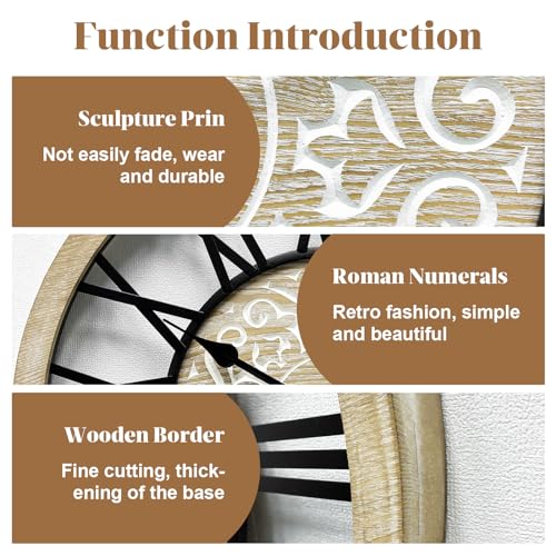 Large Farmhouse Wall Clock for Living Room Decor,24 in Round Carved Wooden Wall Clock,Rustic Silent Non-Ticking Decorative Wall Clocks for Bedroom/Kitchen/Entryway/Office/Dining Room - style: Farmhouse clock 1