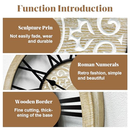 Large Farmhouse Wall Clock for Living Room Decor,24 in Round Carved Wooden Wall Clock,Rustic Silent Non-Ticking Decorative Wall Clocks for Bedroom/Kitchen/Entryway/Office/Dining Room - style: Farmhouse clock 1