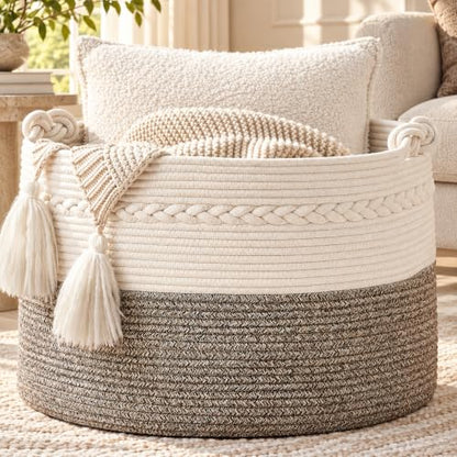 KAKAMAY Large Blanket Basket (20"x13"),Woven Baskets for storage Baby Laundry Hamper, Cotton Rope Blanket Basket for Living Room, Laundry, Nursery, Pillows, Baby Toy chest (White/Beige) - color: Beige