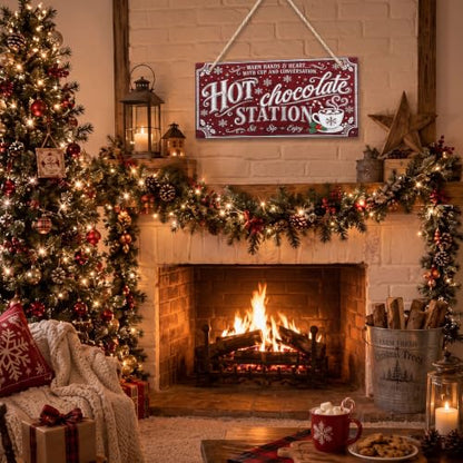 Marsui Christmas Wood Hanging Sign with Jute Rope, Hot Chocolate Station - style: Hot Chocolate Station