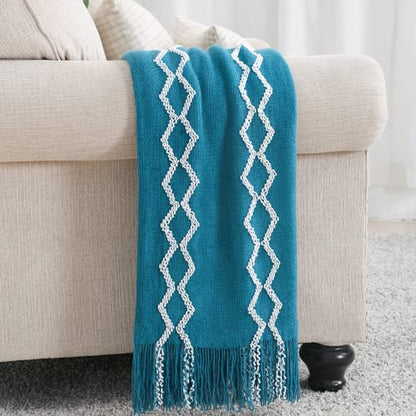 BOURINA Knitted Throw Blanket Boho Chenille Outdoor Blanket,Teal 60x80Inch - color: A-teal, size: 60"×80"