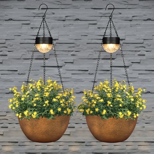 BAYN 2 Packs Solar Hanging Basket Planters for Plants Outdoor - color: Bronze