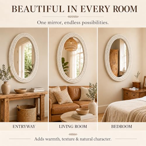 26"x39" Oval Wall Mirror, Handwoven Corn Husk, Whitewashed