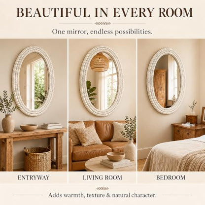 26"x39" Oval Wall Mirror, Handwoven Corn Husk, Whitewashed