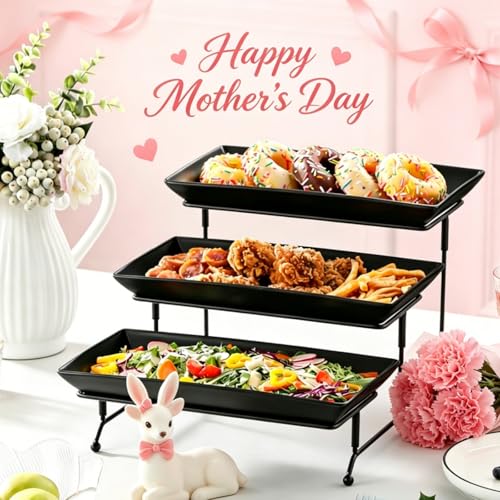 MALACASA 3 Tier Serving Tray, Porcelain Tiered Serving Trays Platters, 12 Inch Serving Stand with Platters,Black Dessert Stand with Collapsible Sturdier Metal Rack,Series PLAT - color: Black, size: 12 Inch