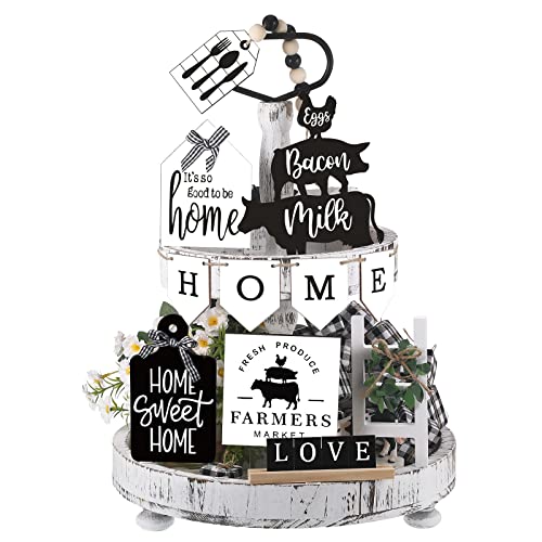 Fairysandy 11 Pcs Home Tiered Tray Decor Black White Rustic Wooden Signs - style: Rustic