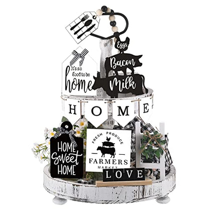 Fairysandy 11 Pcs Home Tiered Tray Decor Black White Rustic Wooden Signs - style: Rustic