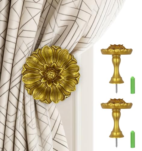 Remunkia Curtain Holdbacks, Gold Curtain Holdbacks Vintage, Curtain Tiebacks Wall Mounted, Classic and Useful Curtain Hooks for Wall, Window Treatment Holdbacks (Daisy Gold, Set of 2) - color: Daisy, Gold