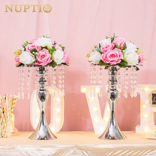 NUPTIO Tall Vase Table Centerpiece, 13.8", Silver, 10 Pcs | Crystal Metal Flower Holder Stand, for Wedding Reception, Tables, Road Lead, Party - color: Silver, size: 10 x M