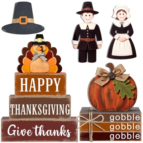 11 Pcs Fall Thanksgiving Table Decoration Farmhouse Tiered Tray Decor Wooden Turkey Pilgrim Couple Table Signs for Autumn Thanksgiving Harvest Party Home Kitchen Shelf - style: Thanksgiving