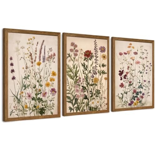 WRFON Botanical and Flower Canvas Wall Art, Framed Wildflower Wall Art Set of 3, Vintage Meadow Flower Canvas Prints, Cottagecore Floral Decor for Living Room Bedroom Bathroom Farmhouse Home, 24x36 - color: Vintage Wildflower(Framed), size: 36"L x 24"W