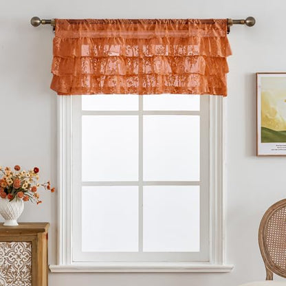 Kotile Burnt Orange Lace Ruffle Valance for Windows W52 x L18 inch, 1 Panel - color: Burnt Orange - Ruffle Lace