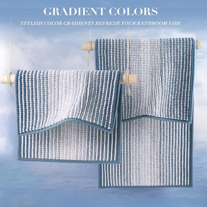 BSICPRO Bathroom Rugs Sets 2 Piece, Non Slip Striped Bath Mats, Fog Blue - color: Fog Blue, size: 20" x 32" Plus 16" x 24"