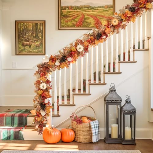 6FT Fall Garland for Mantle with Lights, Pumpkins, Pinecones, Berries - color: Brown