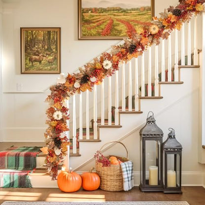 6FT Fall Garland for Mantle with Lights, Pumpkins, Pinecones, Berries - color: Brown