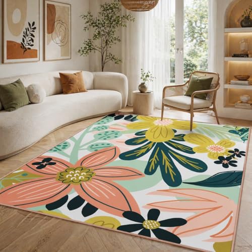 Tyrot Boho Floral Living Room Rug, 5x7 Rug Washable Tropical Botanical Area Rugs Flat Woven Ultra-Thin Non Slip Low Pile Carpet for Bedroom, Dining Room, Office, Kids Room, Pink Green - color: Rose Garden, size: 5' x 7' (Rectangular)