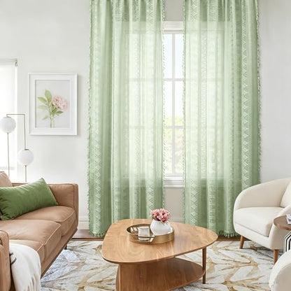 Green Boho Sheer Lace Window Curtains with Tassel, 40" Wx54 Lx2 - color: Green, size: 40"W x 54"L (Pack of 2)