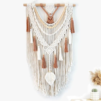 MEIZHIANDME Macrame Wall Hanging, Boho Woven Tapestry Wall Decor, Chic Bohemian Handmade Leaf Feather Wall Art Decorations for Bedroom Living Room Apartment Wedding Party (Leaf & Wood Bead)