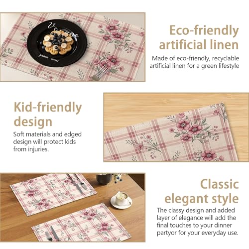 Placemats Set of 6, Cute Flowers Pink Linen Placemats 12x18 Inch, Heat Resistant Table Mats, Washable Non Slip Place Mats for Dining Table Kitchen Home - color: Cute Flowers Pink