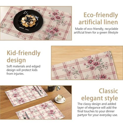 Placemats Set of 6, Cute Flowers Pink Linen Placemats 12x18 Inch, Heat Resistant Table Mats, Washable Non Slip Place Mats for Dining Table Kitchen Home - color: Cute Flowers Pink