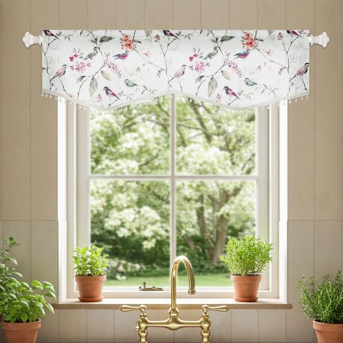 VOGOL Purple Bird Print Scalloped Valance, Linen Texture, 52 x 16, 1 Panel - color: Birds Purple, size: 52"W x 16"L (Pack of 1)