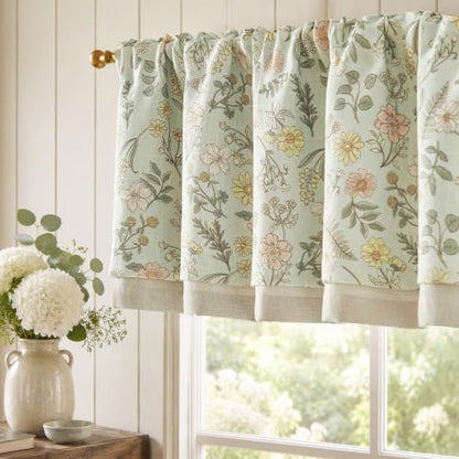 jinchan Maia Floral Linen Double Layer Valance 18 Inch 1 Panel Green - color: Maia Green on Linen, size: 50"W x 18"L (Pack of 1)
