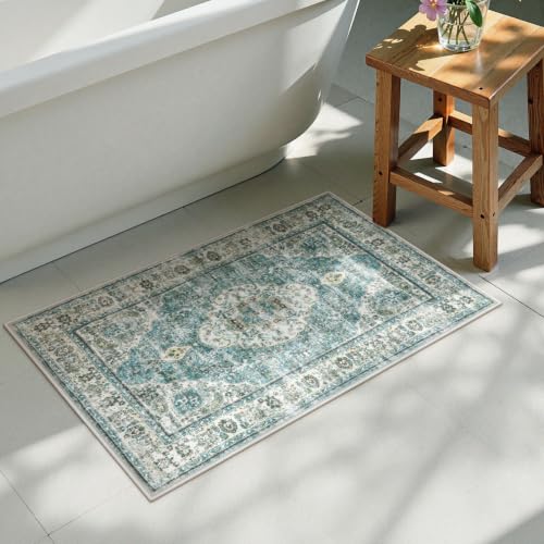 Uphome Boho Bathroom Rugs, Distressed Farmhouse Blue Bath Mat, Comfy Velvet Small Bath Rugs Non Slip Washable, Vintage Oriental Toilet Rug for Sink Shower Vanity, 20x32 inch - color: Blue, size: 20 x 32 inch (Rectangular)