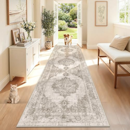 Runner Rug 2x8 Washable Rugs: Vintage Hallway Kitchen Runner Non Slip Low Pile Rug Runner Soft Stain Resistant Indoor Carpet Runners for Entryway Hall Bedroom Bedside (Taupe, 2'x8') - color: Taupe, size: 2' x 8' (Rectangular)