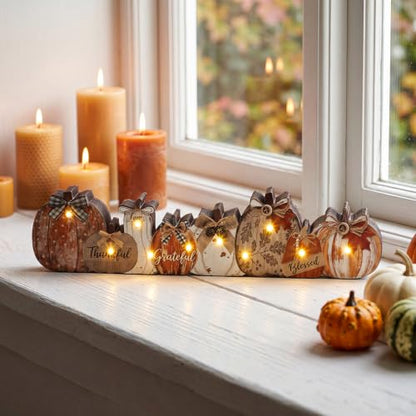 Yousoontic Fall Table Decorations, Light up Pumpkin Table Centerpieces Rustic Wooden Sign Decor with LED Lights 3D Block Pumpkin Decor for Autumn Thanksgiving Harvest Farmhouse Home Mantel Desk Party - style: Rustic Pumpkin
