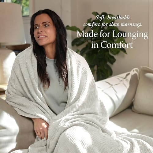 Threadmill Luxury 100% Cotton Queen Herringbone Blanket, Tusk White - color: Tusk White, size: Queen (90" x 92")