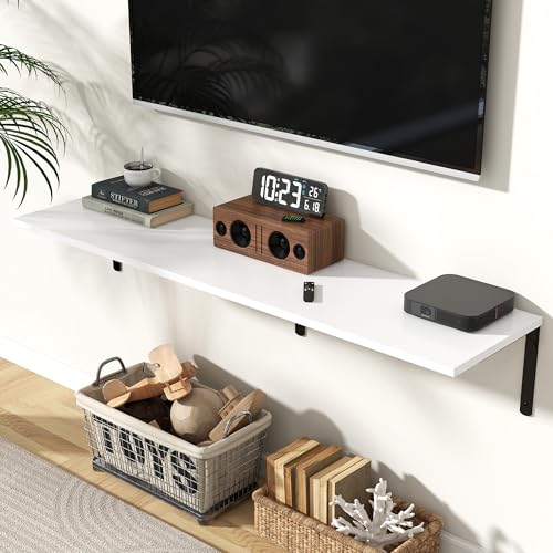 Fun Memories Floating Shelves for Wall, 12 Inch Deep Floating Shelves Set of 2, Wall Mounted Shelf with Metal Brackets, Rustic Wood Wide Shelf for Bathroom, Kitchen and Living Room, White, 55W x 12D - color: White | L Bracket, size: 55"L x 12"D