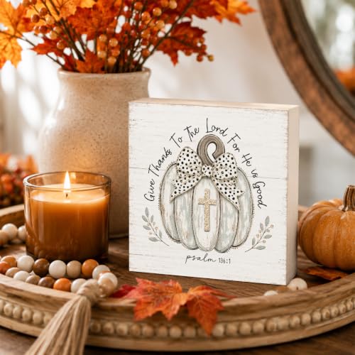 Thanksgiving Decorations Give Thanks Pumpkin Christian Wood Sign Decor - color: FALL34