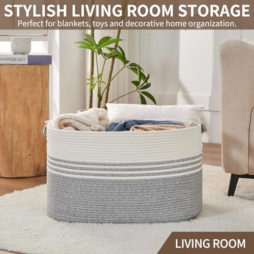 Laundry Hamper with Handles, 72L Rope Laundry Basket, Grey & White - color: Grey & White, size: 72L