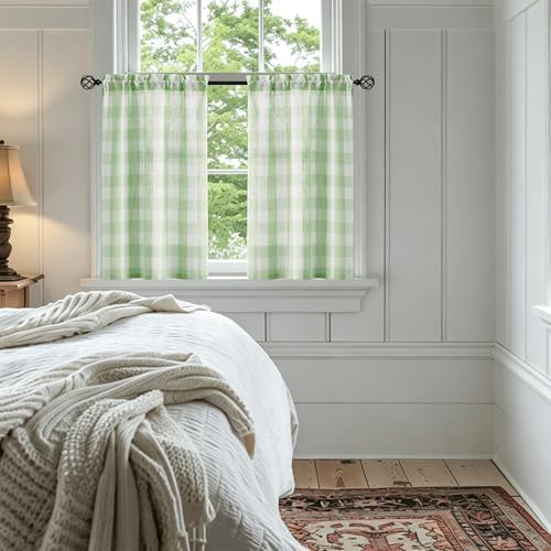 Plaid Kitchen Curtains 27x24 Green White Check Tiers for Kitchen Semi Sheer - color: Light Green and White, size: 24"W x 24"L (Pack of 2)