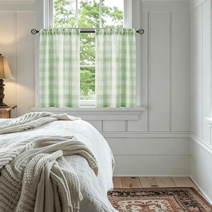 Buffalo Plaid Kitchen Curtains 27x24" Green White Check Tiers Semi Sheer - color: Light Green and White, size: 24"W x 36"L (Pack of 2)