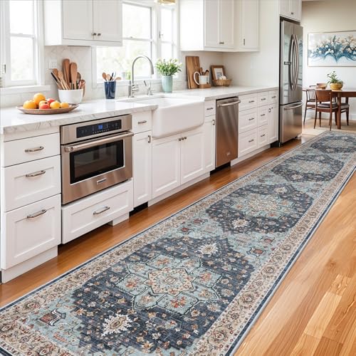 3x16 Washable Kitchen Runners: Non Slip Runner Rugs with Rubber Backing - color: Blue/Teal/Orange, size: 3' x 16' (Rectangular)